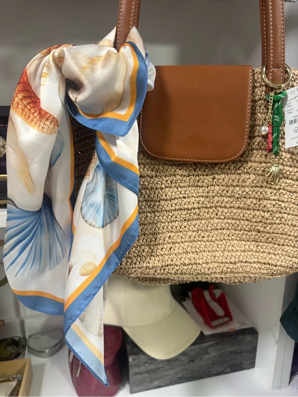 J.Crew NWT Raffia Tote w/ Nautical Shell & Coral Charm 🐚🪸 Coastal Resort Beach B
